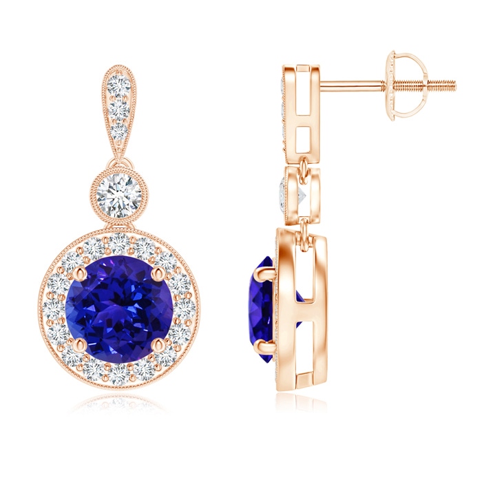 6mm AAAA Milgrain-Edged Tanzanite and Diamond Halo Dangle Earrings in Rose Gold 