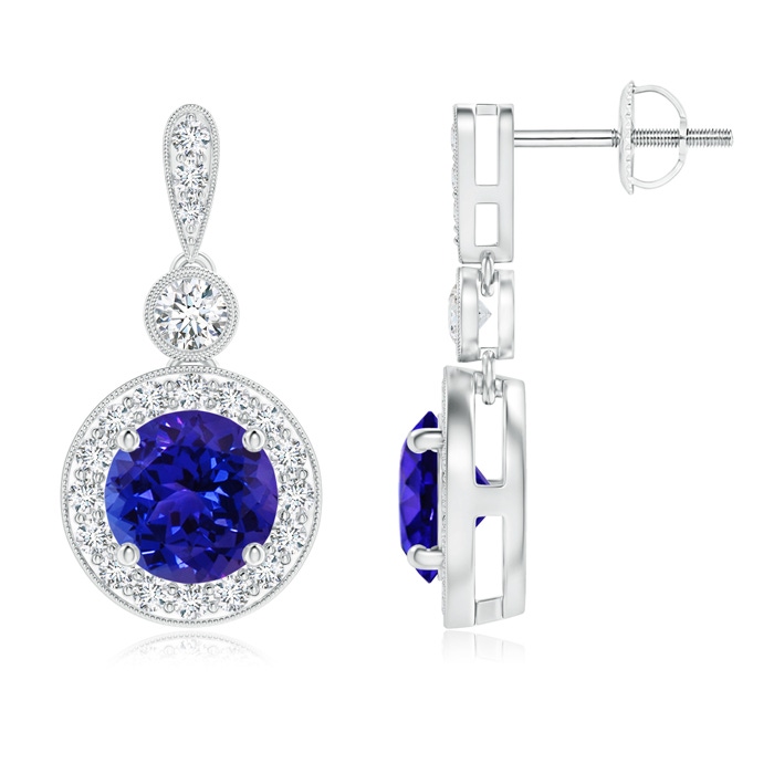 6mm AAAA Milgrain-Edged Tanzanite and Diamond Halo Dangle Earrings in White Gold 