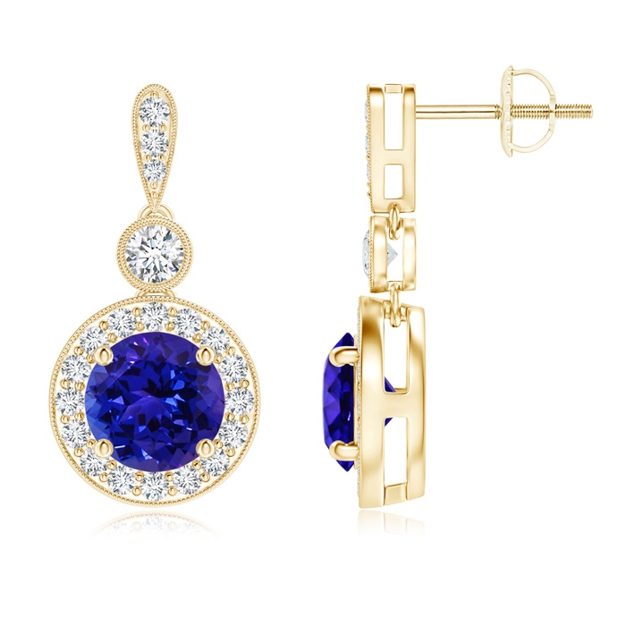 6mm AAAA Milgrain-Edged Tanzanite and Diamond Halo Dangle Earrings in Yellow Gold 
