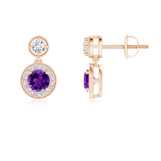 4mm AAAA Dangling Amethyst and Diamond Halo Earrings with Milgrain in Rose Gold