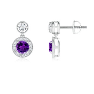 4mm AAAA Dangling Amethyst and Diamond Halo Earrings with Milgrain in White Gold