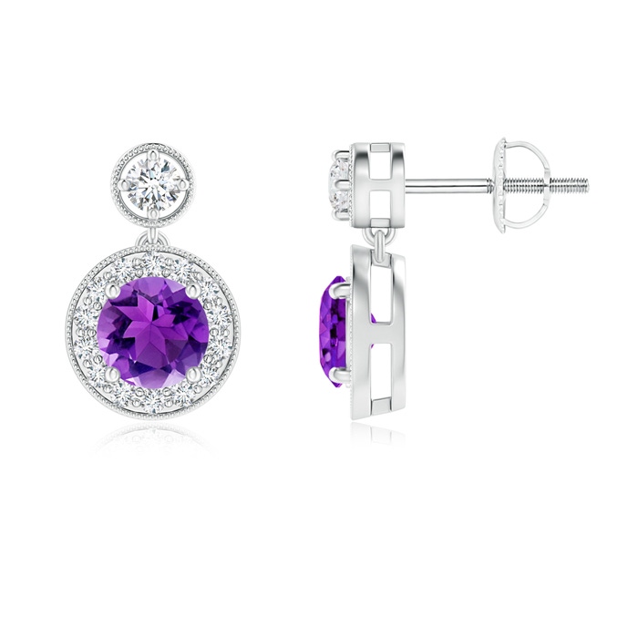 5mm AAA Dangling Amethyst and Diamond Halo Earrings with Milgrain in White Gold 