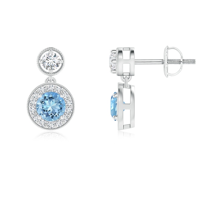 4mm AAAA Dangling Aquamarine and Diamond Halo Earrings with Milgrain in P950 Platinum