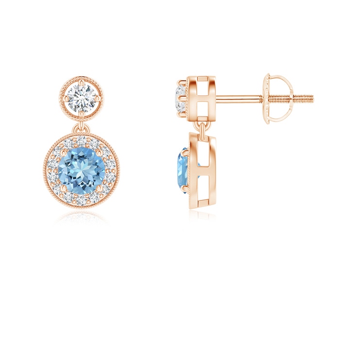 4mm AAAA Dangling Aquamarine and Diamond Halo Earrings with Milgrain in Rose Gold