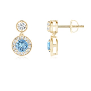 4mm AAAA Dangling Aquamarine and Diamond Halo Earrings with Milgrain in Yellow Gold