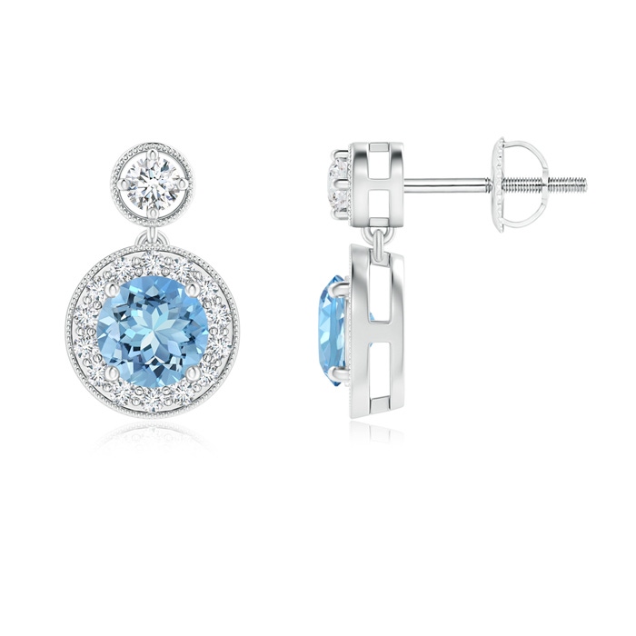 5mm AAAA Dangling Aquamarine and Diamond Halo Earrings with Milgrain in White Gold 