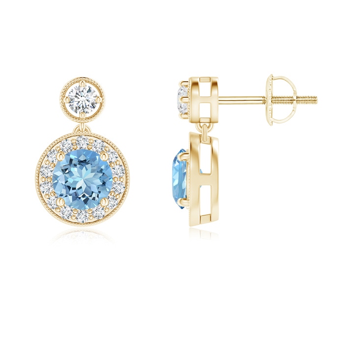 5mm AAAA Dangling Aquamarine and Diamond Halo Earrings with Milgrain in Yellow Gold