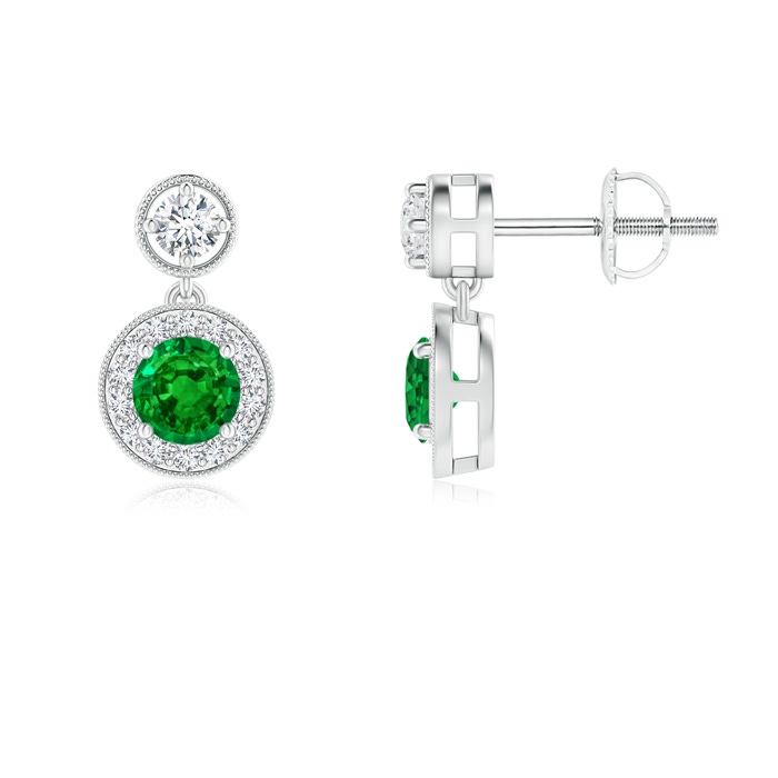 4mm AAAA Dangling Emerald and Diamond Halo Earrings with Milgrain in P950 Platinum