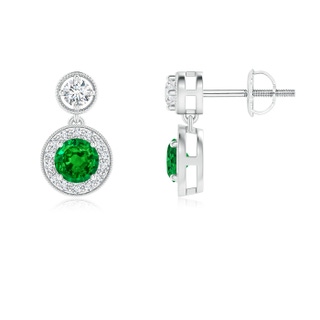 4mm AAAA Dangling Emerald and Diamond Halo Earrings with Milgrain in White Gold