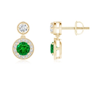 4mm AAAA Dangling Emerald and Diamond Halo Earrings with Milgrain in Yellow Gold