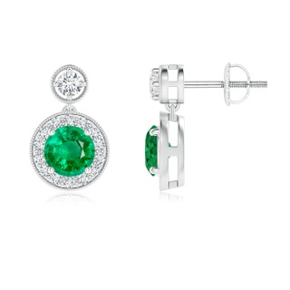 5mm AAA Dangling Emerald and Diamond Halo Earrings with Milgrain in White Gold