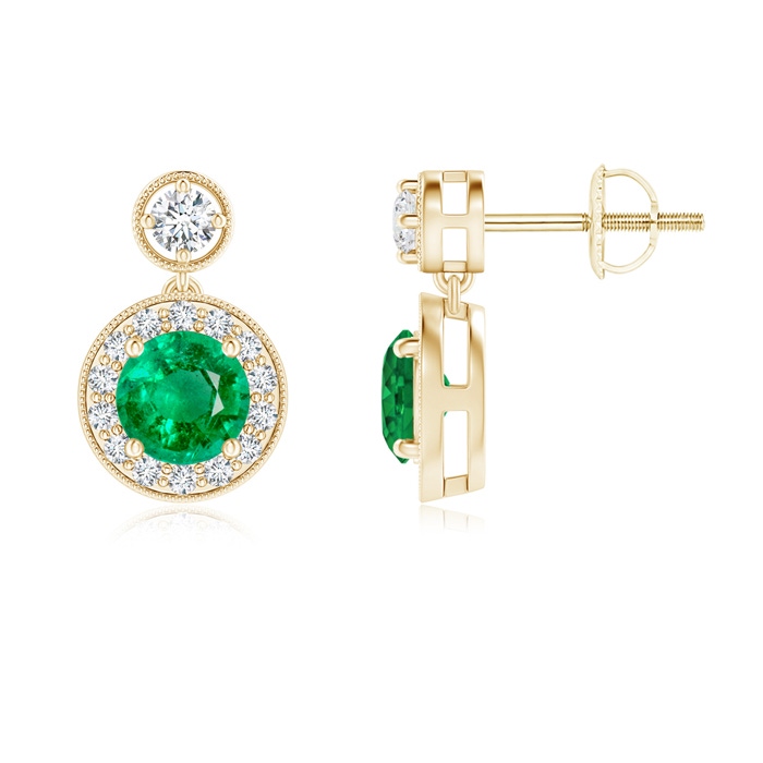 5mm AAA Dangling Emerald and Diamond Halo Earrings with Milgrain in Yellow Gold