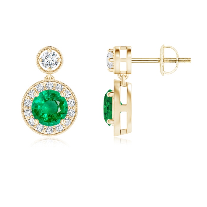 5mm AAA Dangling Emerald and Diamond Halo Earrings with Milgrain in Yellow Gold 