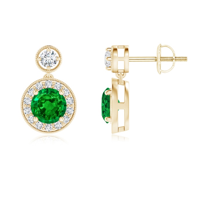 5mm AAAA Dangling Emerald and Diamond Halo Earrings with Milgrain in Yellow Gold 