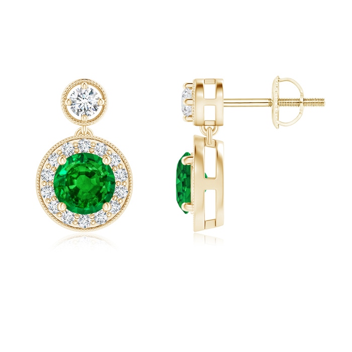 5mm AAAA Dangling Emerald and Diamond Halo Earrings with Milgrain in Yellow Gold