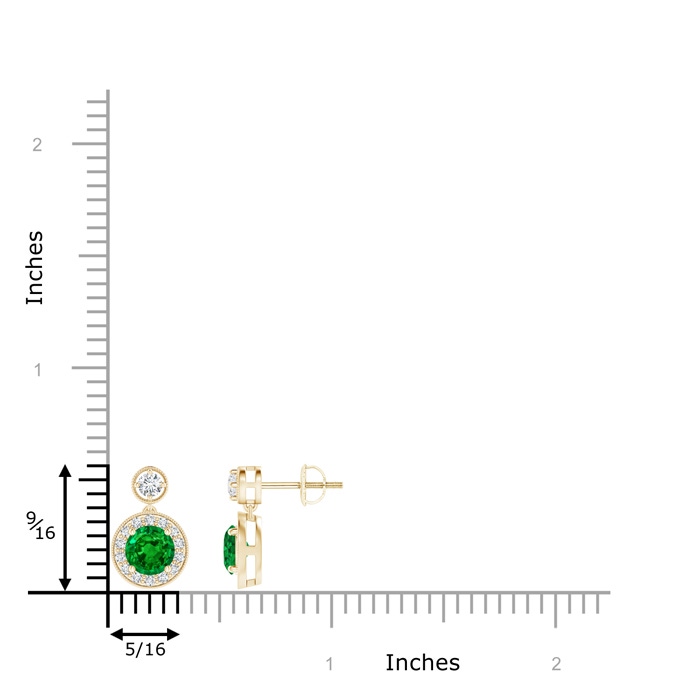 5mm AAAA Dangling Emerald and Diamond Halo Earrings with Milgrain in Yellow Gold Product Image