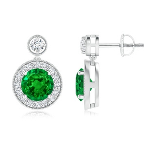 6mm AAAA Dangling Emerald and Diamond Halo Earrings with Milgrain in P950 Platinum