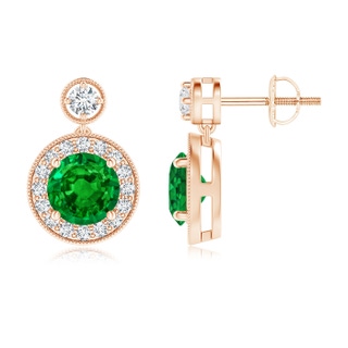 6mm AAAA Dangling Emerald and Diamond Halo Earrings with Milgrain in Rose Gold