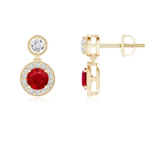 4mm AAA Dangling Ruby and Diamond Halo Earrings with Milgrain in Yellow Gold