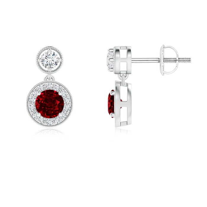 4mm AAAA Dangling Ruby and Diamond Halo Earrings with Milgrain in P950 Platinum