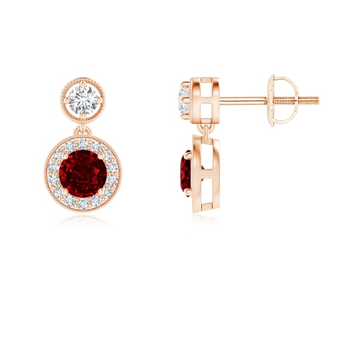 4mm AAAA Dangling Ruby and Diamond Halo Earrings with Milgrain in Rose Gold