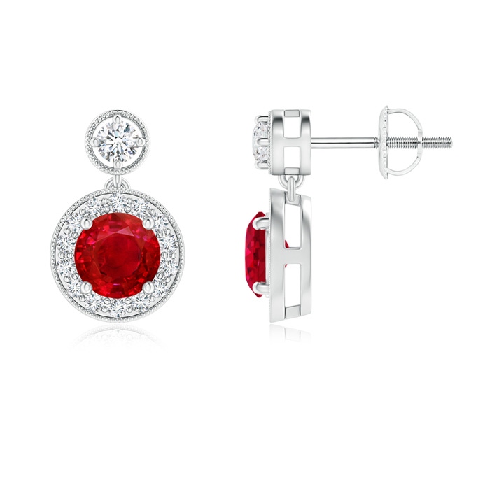 5mm AAA Dangling Ruby and Diamond Halo Earrings with Milgrain in White Gold 