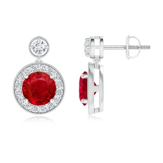 6mm AAA Dangling Ruby and Diamond Halo Earrings with Milgrain in P950 Platinum