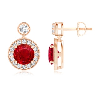 6mm AAA Dangling Ruby and Diamond Halo Earrings with Milgrain in Rose Gold