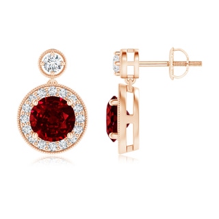 6mm AAAA Dangling Ruby and Diamond Halo Earrings with Milgrain in 9K Rose Gold