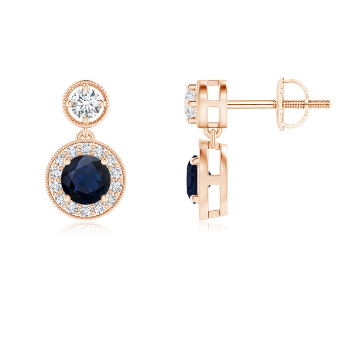 4mm A Dangling Sapphire and Diamond Halo Earrings with Milgrain in Rose Gold 