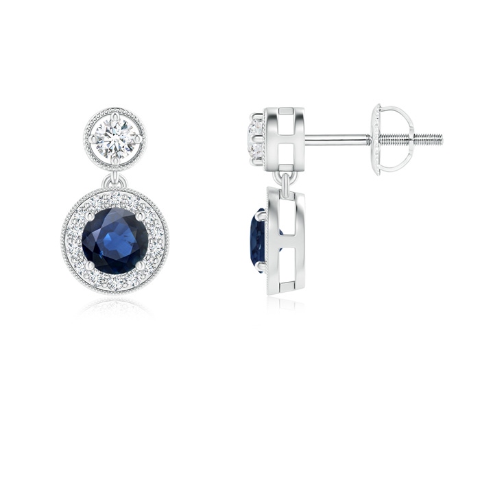 4mm AA Dangling Sapphire and Diamond Halo Earrings with Milgrain in White Gold 