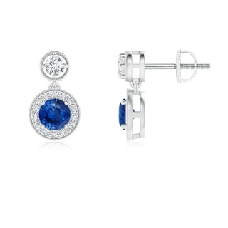 4mm AAA Dangling Sapphire and Diamond Halo Earrings with Milgrain in White Gold
