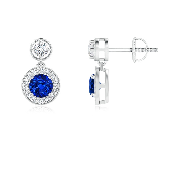 4mm AAAA Dangling Sapphire and Diamond Halo Earrings with Milgrain in P950 Platinum