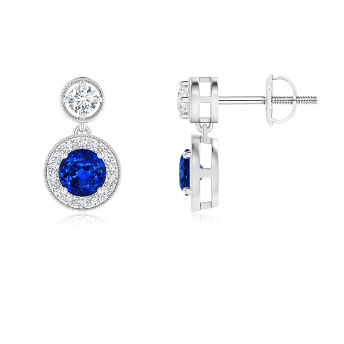 4mm AAAA Dangling Sapphire and Diamond Halo Earrings with Milgrain in P950 Platinum 