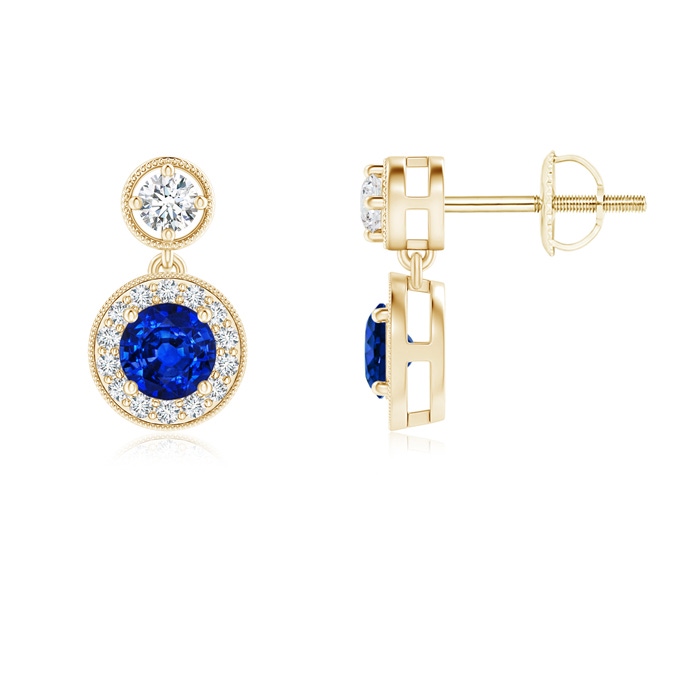 4mm AAAA Dangling Sapphire and Diamond Halo Earrings with Milgrain in Yellow Gold 