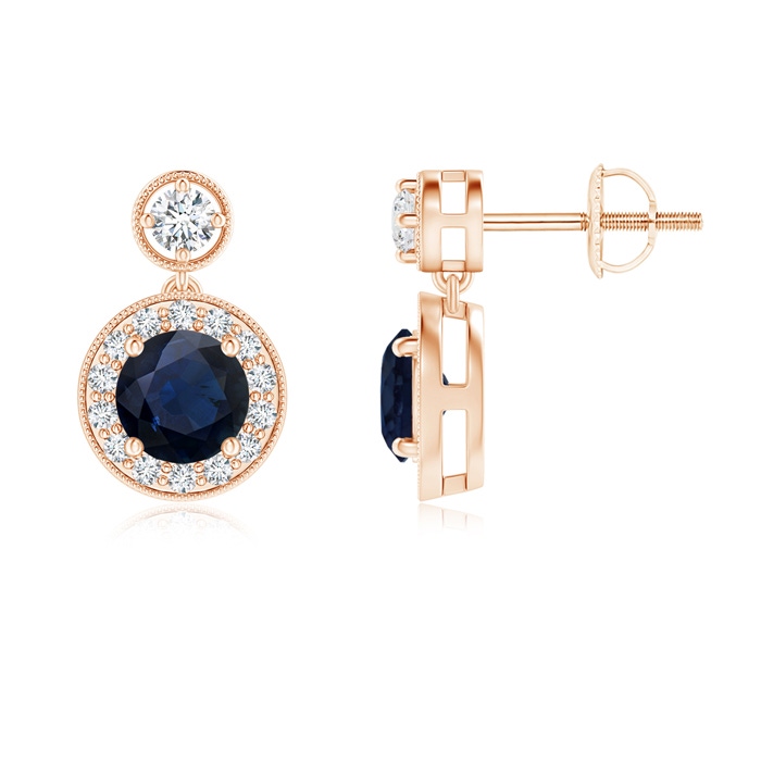 5mm A Dangling Sapphire and Diamond Halo Earrings with Milgrain in Rose Gold 