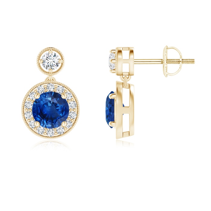 5mm AAA Dangling Sapphire and Diamond Halo Earrings with Milgrain in Yellow Gold 