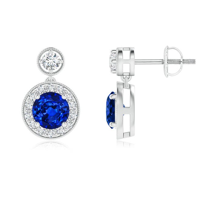5mm AAAA Dangling Sapphire and Diamond Halo Earrings with Milgrain in P950 Platinum