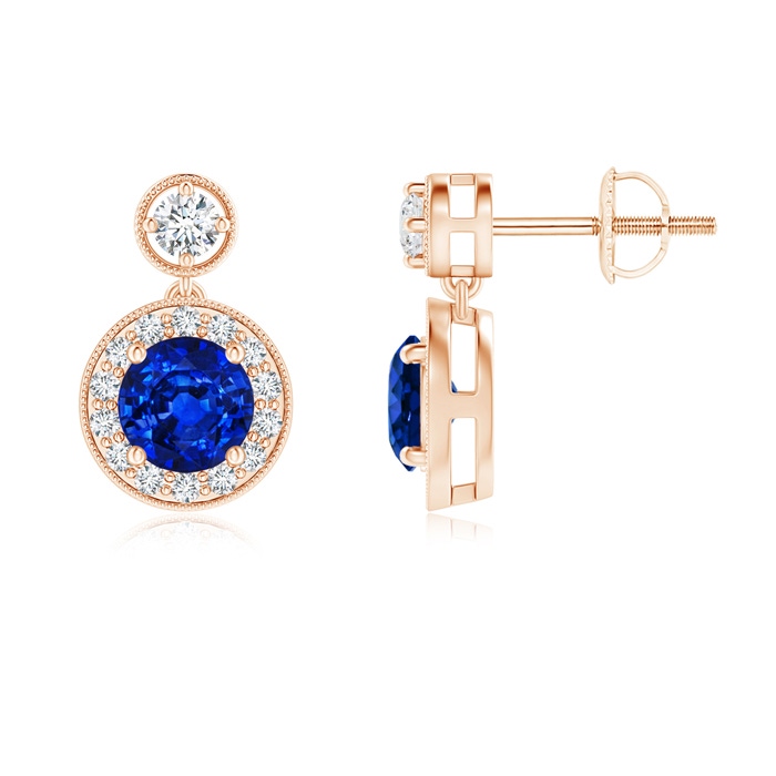 5mm AAAA Dangling Sapphire and Diamond Halo Earrings with Milgrain in Rose Gold 
