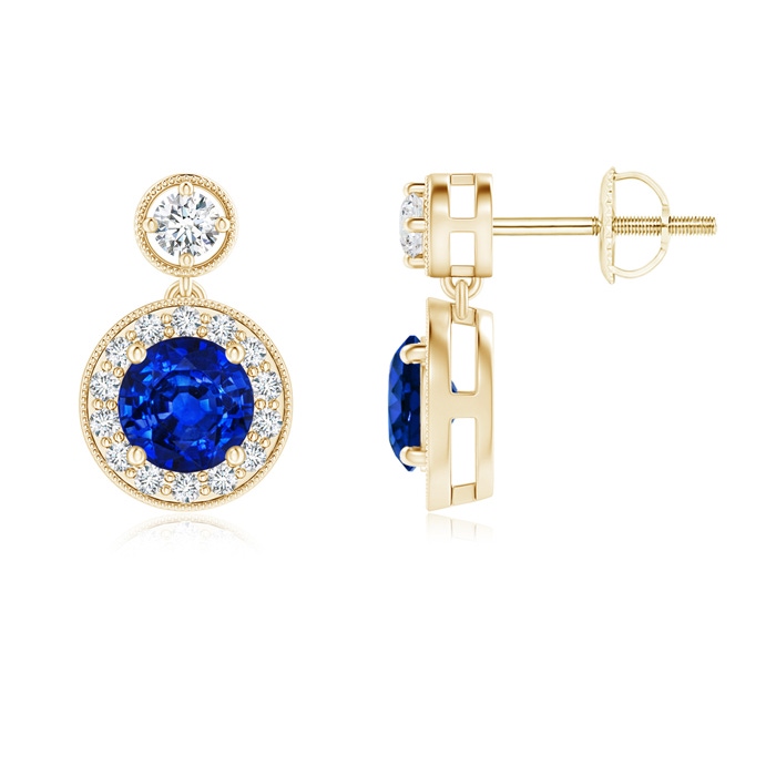 5mm AAAA Dangling Sapphire and Diamond Halo Earrings with Milgrain in Yellow Gold 