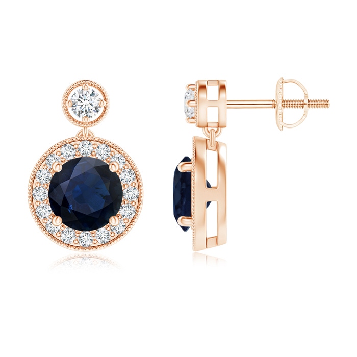 6mm A Dangling Sapphire and Diamond Halo Earrings with Milgrain in Rose Gold 