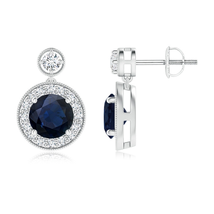 6mm A Dangling Sapphire and Diamond Halo Earrings with Milgrain in White Gold 