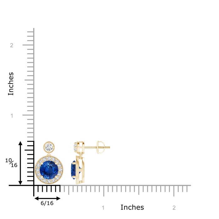 6mm AAA Dangling Sapphire and Diamond Halo Earrings with Milgrain in Yellow Gold product image