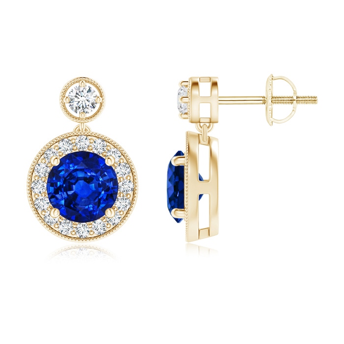 6mm AAAA Dangling Sapphire and Diamond Halo Earrings with Milgrain in Yellow Gold 