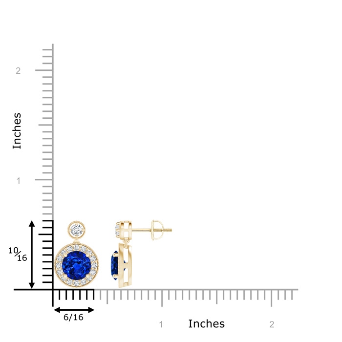 6mm AAAA Dangling Sapphire and Diamond Halo Earrings with Milgrain in Yellow Gold Product Image