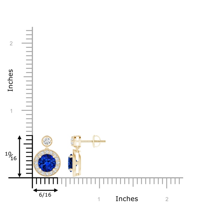 6mm AAAA Dangling Sapphire and Diamond Halo Earrings with Milgrain in Yellow Gold product image