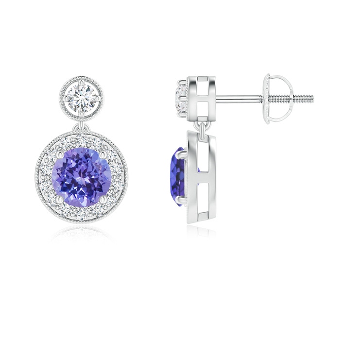 5mm AAA Dangling Tanzanite and Diamond Halo Earrings with Milgrain in White Gold