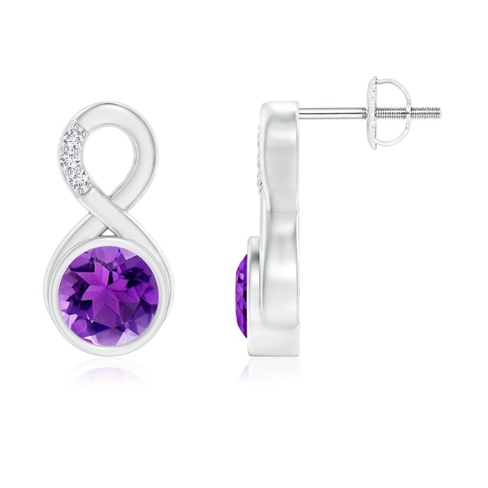 6mm AAA Bezel-Set Amethyst Infinity Stud Earrings with Diamonds in White Gold