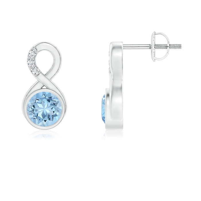 5mm AAA Bezel-Set Aquamarine Infinity Stud Earrings with Diamonds in White Gold