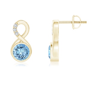 5mm AAAA Bezel-Set Aquamarine Infinity Stud Earrings with Diamonds in Yellow Gold